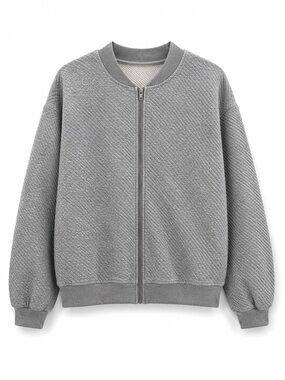 Gray Quilted Bomber Jacket | Zip Front | Lightweight | Size S